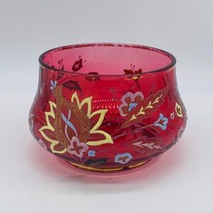 Antique c.1880 Bohemian PALLNE KONIG Cranberry Glass Vase with Beautiful Enamel